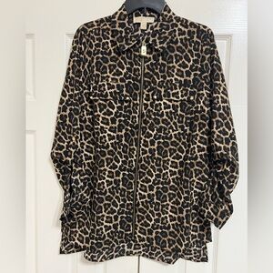 Michael Kors Leopard Print Women's Long Sleeve Zippered Blouse